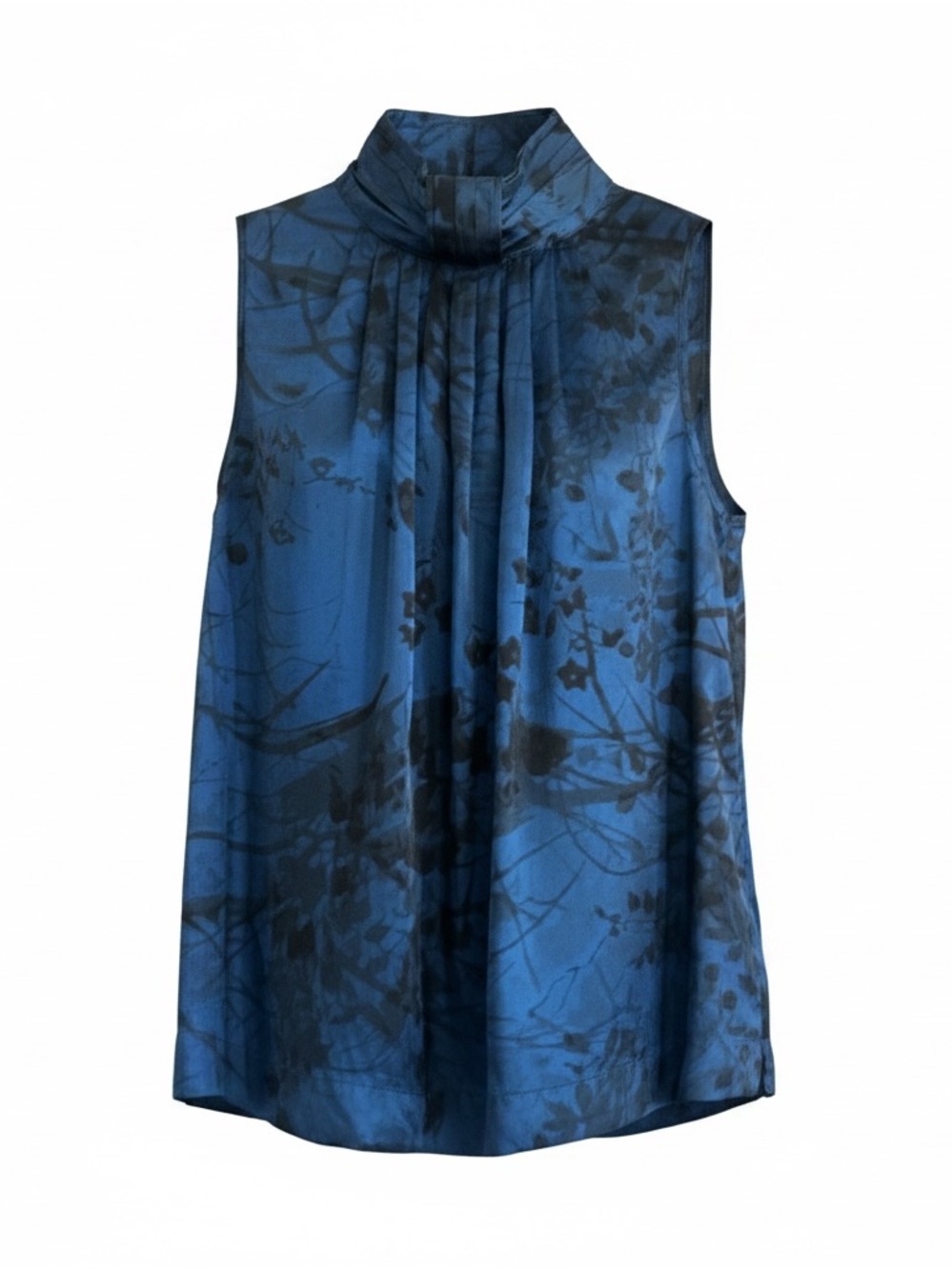 Kenar Blue Floral Pleated Mock Neck Sleeveless Top 100% silk